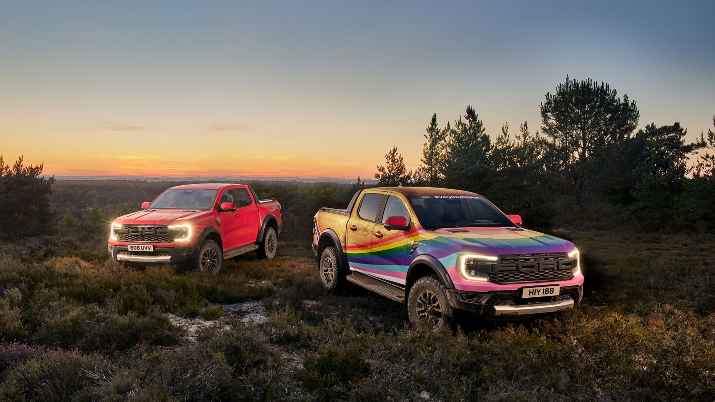 Ford Ranger Raptor pride and red color in a forest