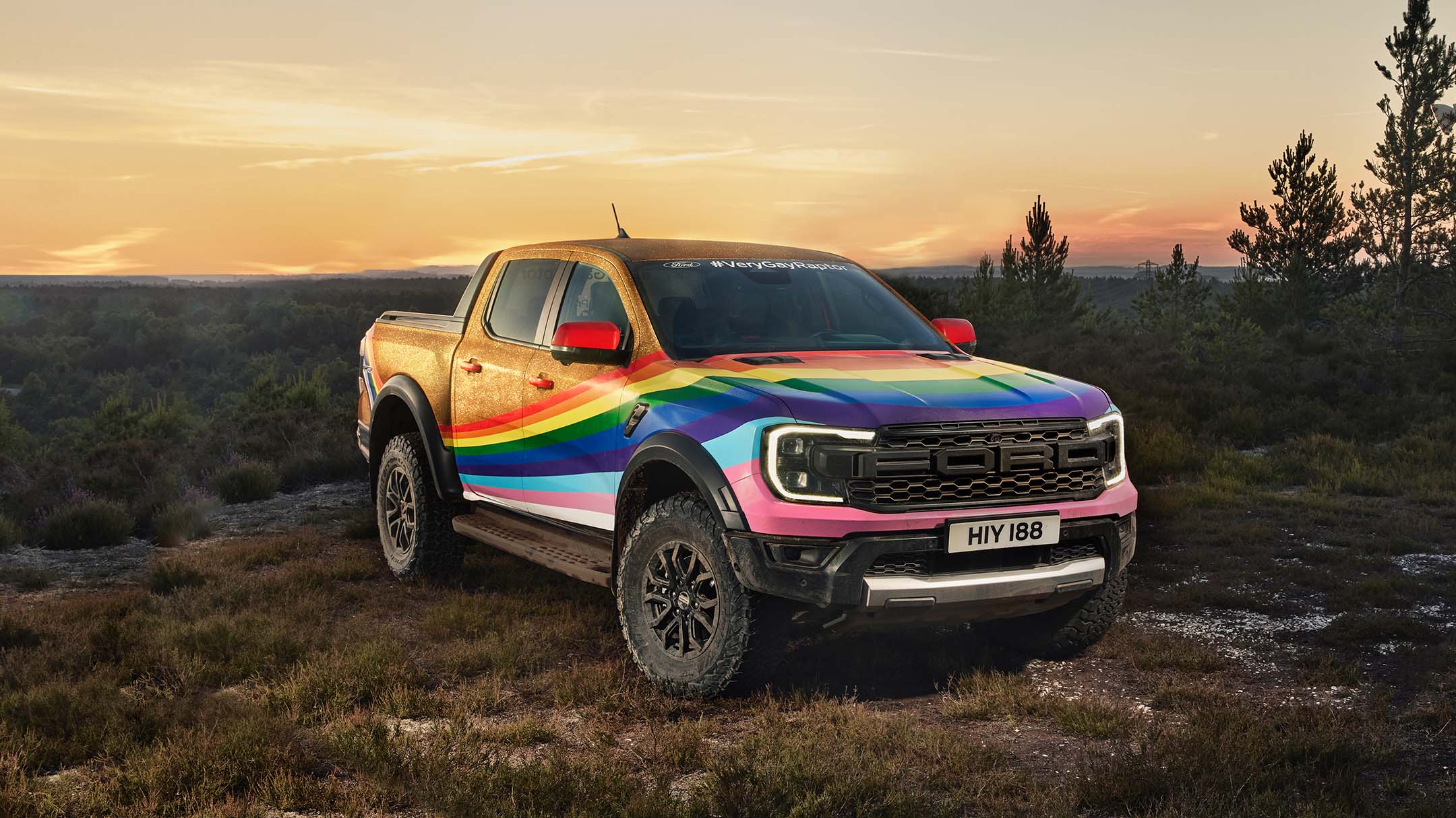 Ford Ranger Raptor pride color in a forest