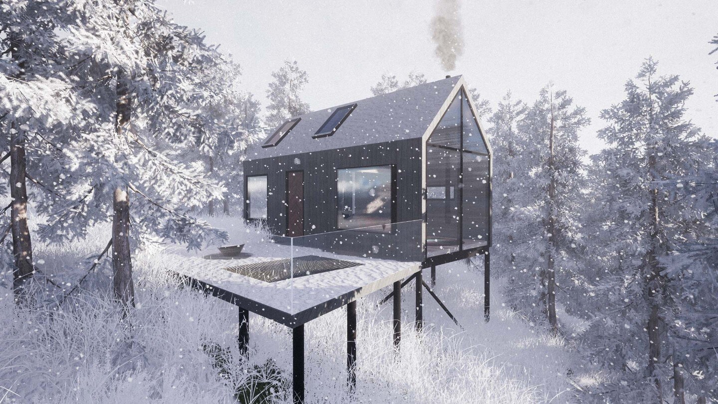 Grafisk tegning av hytta i vinterlandskap.