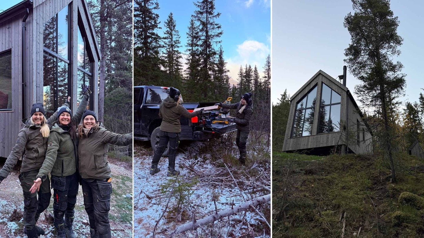 Tredelt bilde med jentene i OssTRE foran hytta og F-15 Lightning, samt et bilde av ferdigbygd hytte.