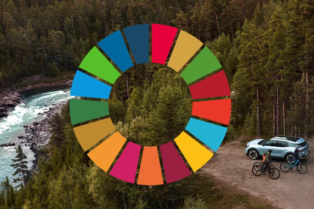 A Ford Explorer parked in a beautiful nature spot, with the United Nations Sustainability Development Goals logo overlaid.