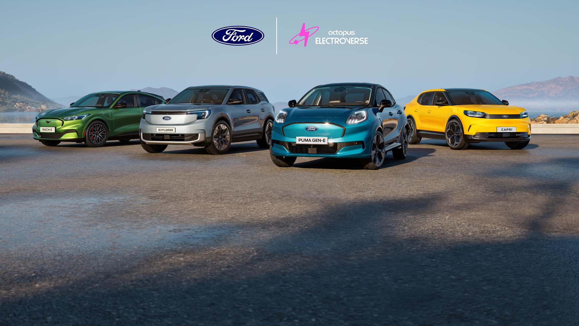 A collection of different Ford electric cars parked on a rugged coastal landscape.