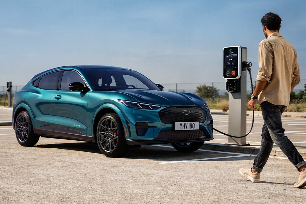 A blue-green Ford Mustang Mach-E charging at an outdoor station, with a person walking towards it.