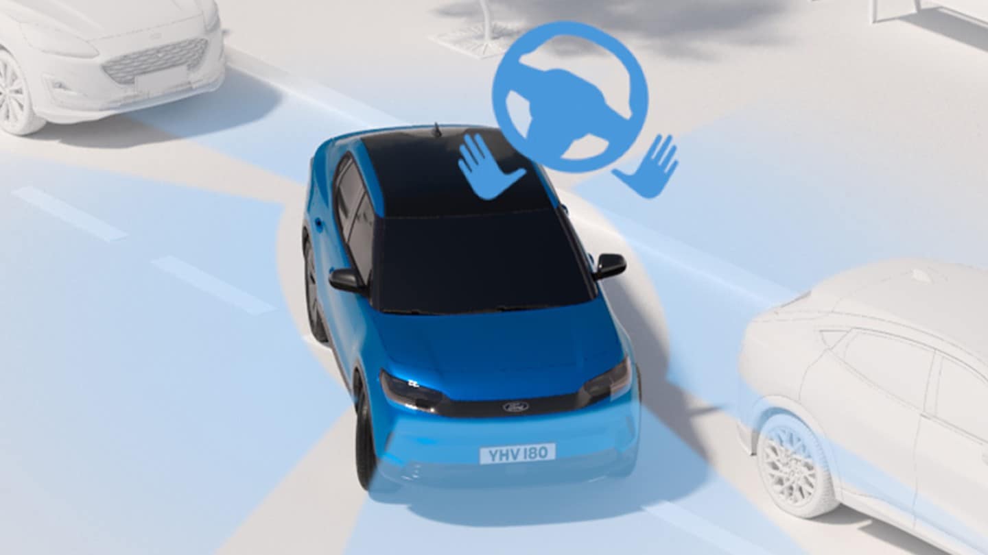 Diagram of a blue Ford vehicle demonstrating active park assist with blue bands around the vehicle.