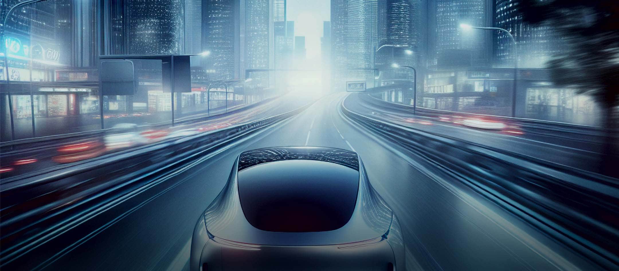 Futuristisk bil kjører på en motorvei om natten