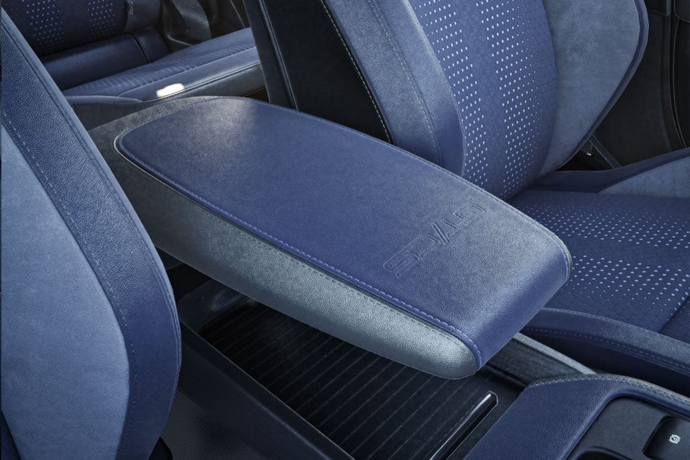 Interior view of a Mustang Mach-E GT California Special, with a close up of an arm rest.