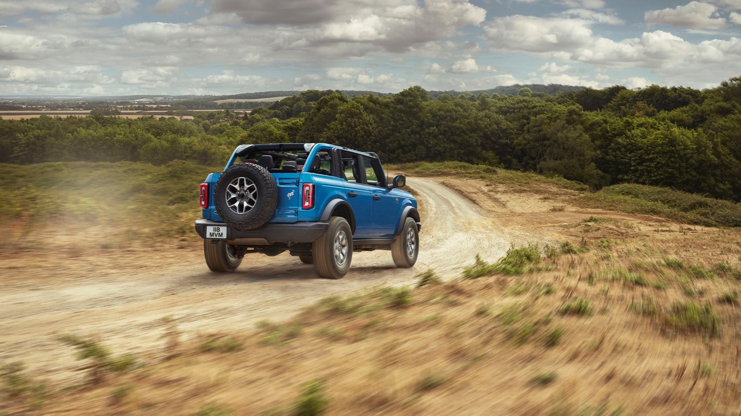 Ford Bronco rear viewr driving offroad