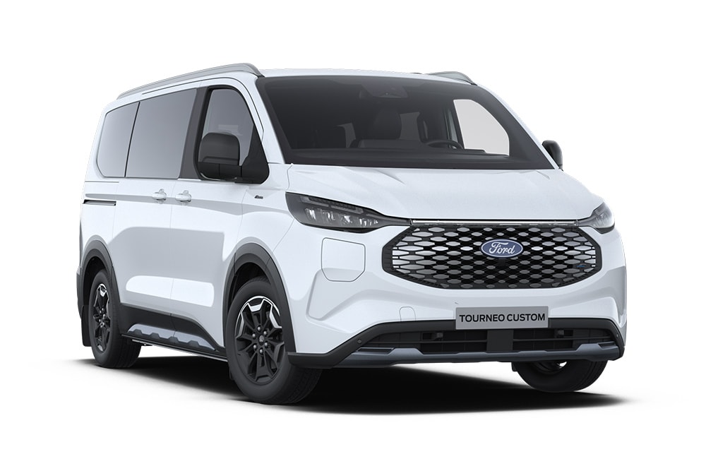 En hvit Ford E-Tourneo Custom Active vist skrått fra venstre forfra.