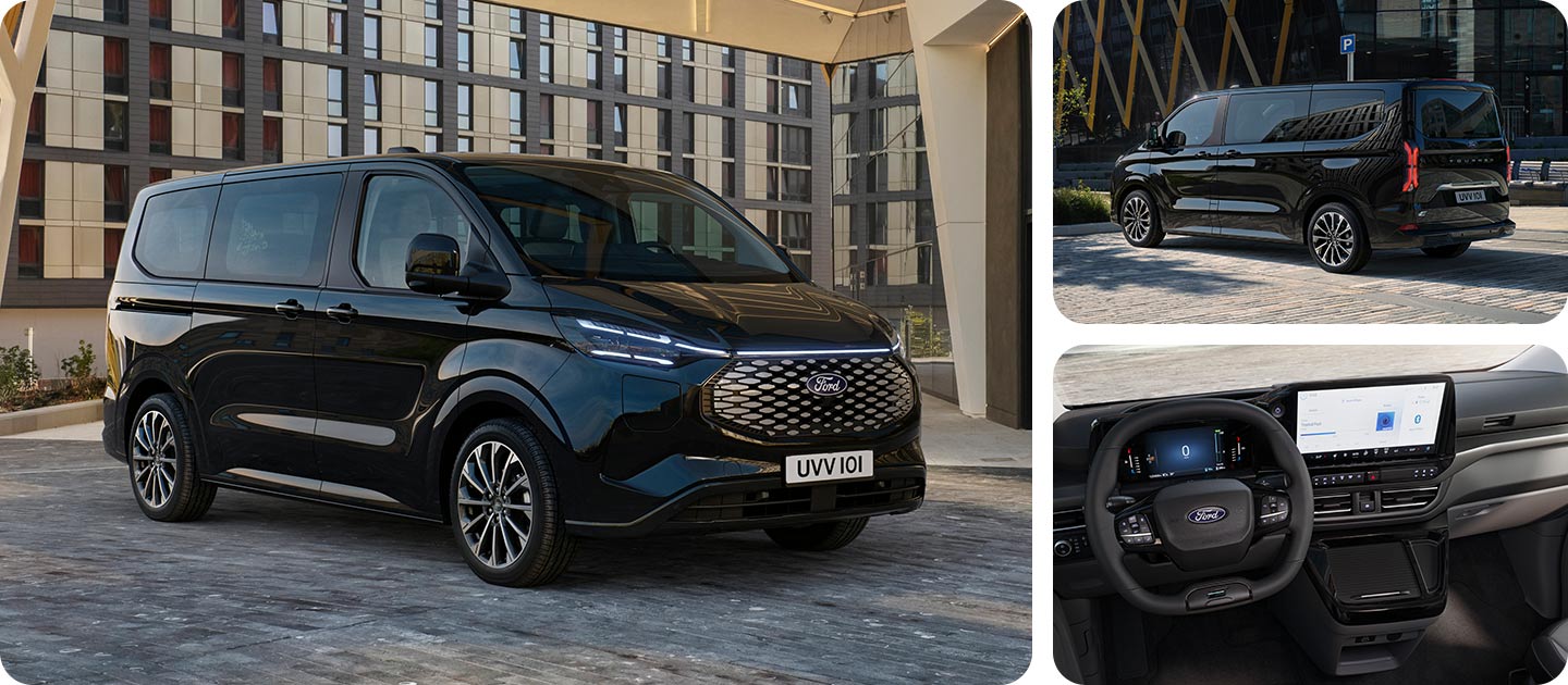 En samling bilder av sort E-Tourneo Custom parkert foran en modern bygning. 