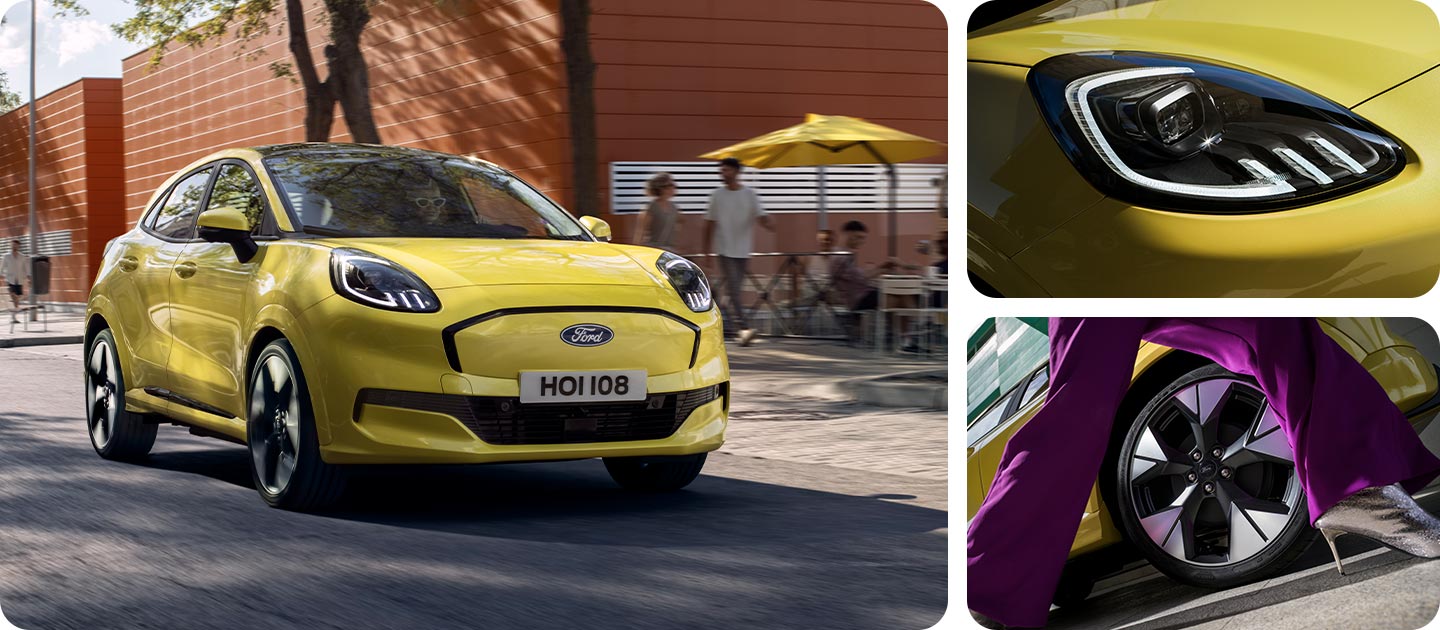 Fotorutenett som viser en gul Ford Puma®, med nærbilder av frontlyktene og de stilige lettmetallfelgene.