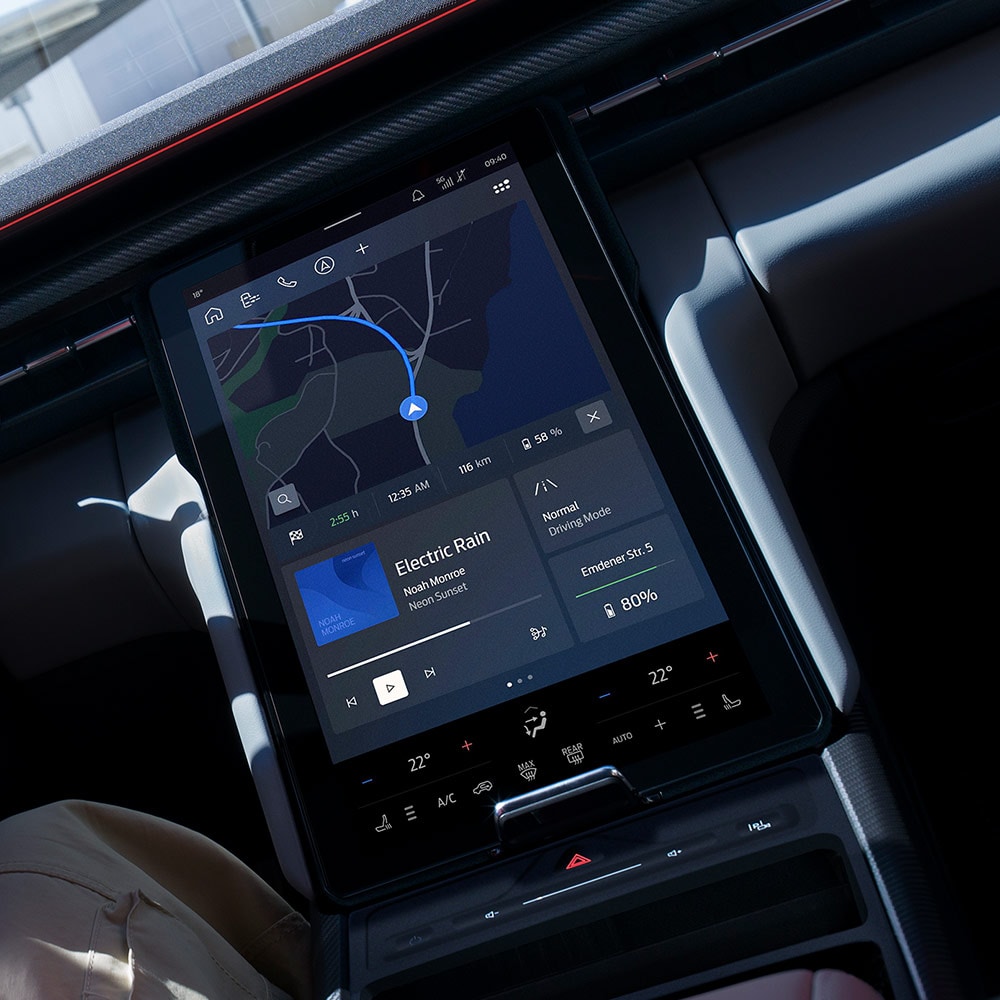 Nærbilde av et Ford Capri®-dashbord, som viser bilens oppkoblede navigasjonsfunksjoner.