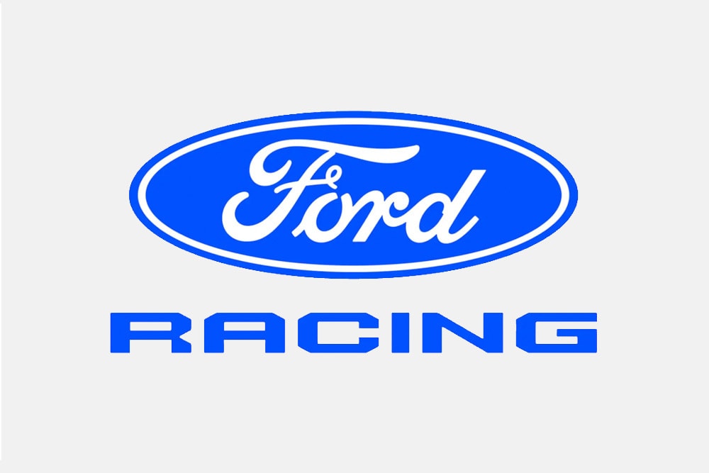 Den offisielle Ford Racing-logoen på hvit bakgrunn.