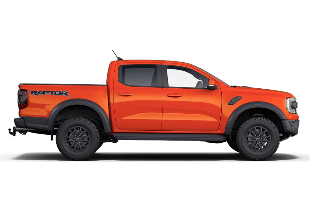 Oransje Ford Ranger Raptor 4x4, en del av sortimentet av Ford-performancebiler.