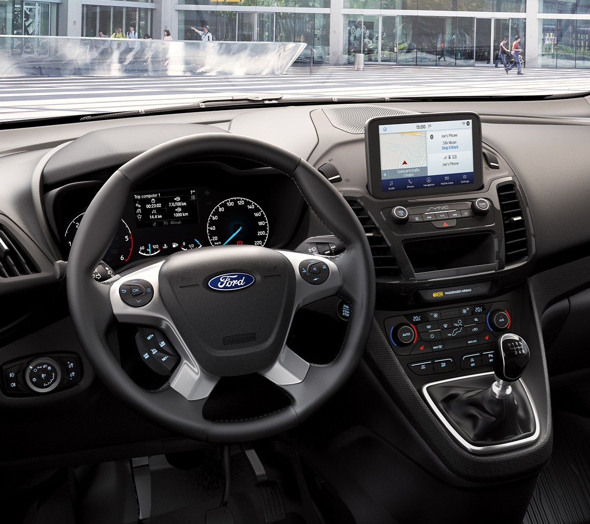 Ford Transit Connect interior with SYNC3 and wheel and load through pipes