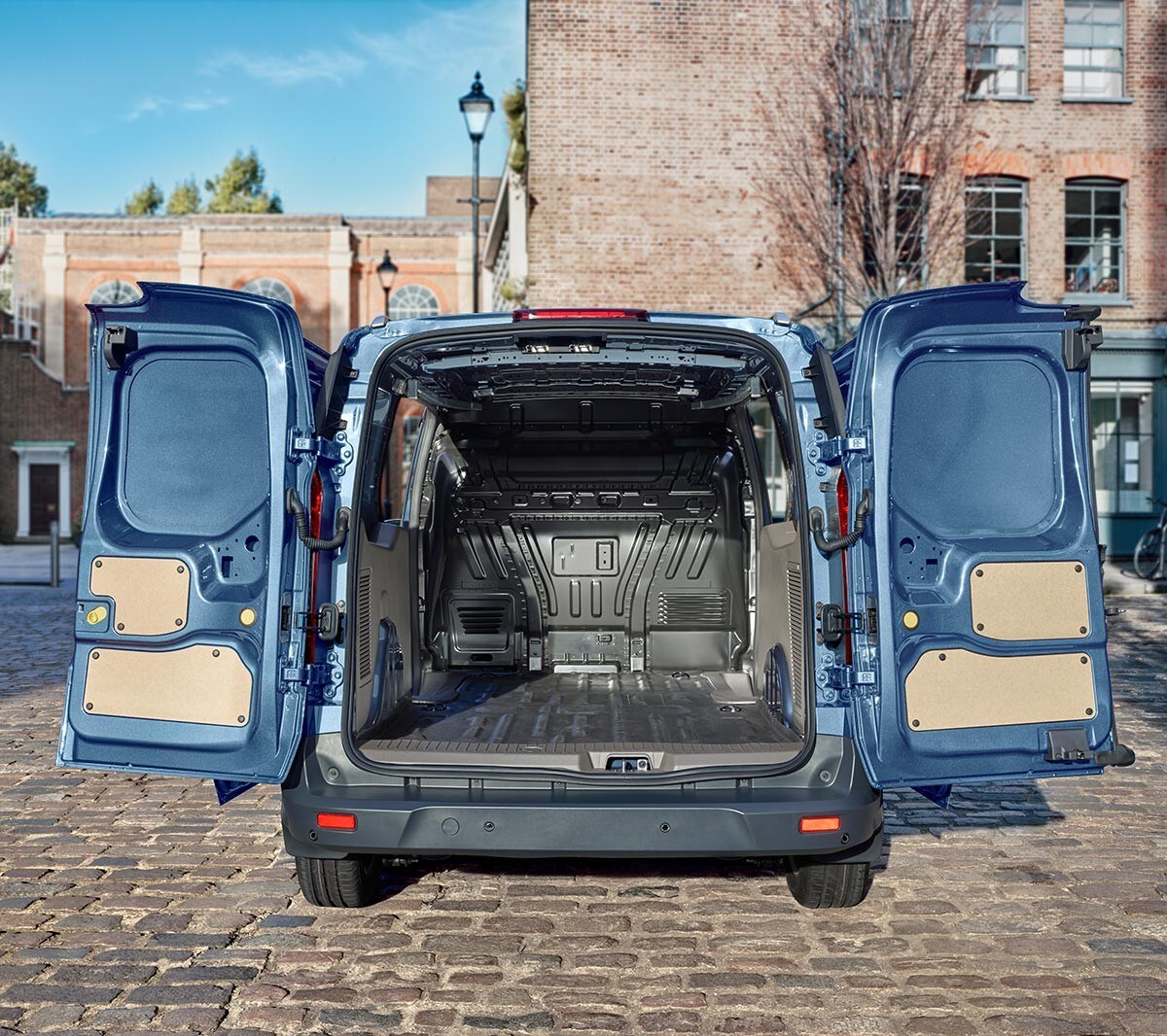 Blue Ford Transit Connect rear open doors