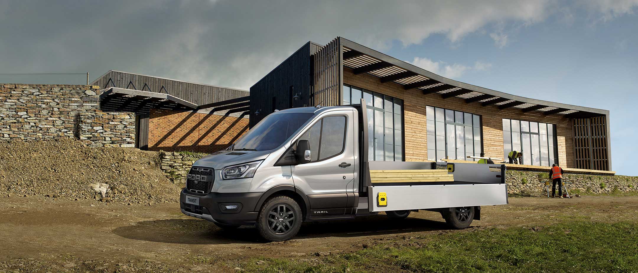 New Ford Transit Chassis Cab front view driving on road New Ford Transit Chassis Cab front view driving on road