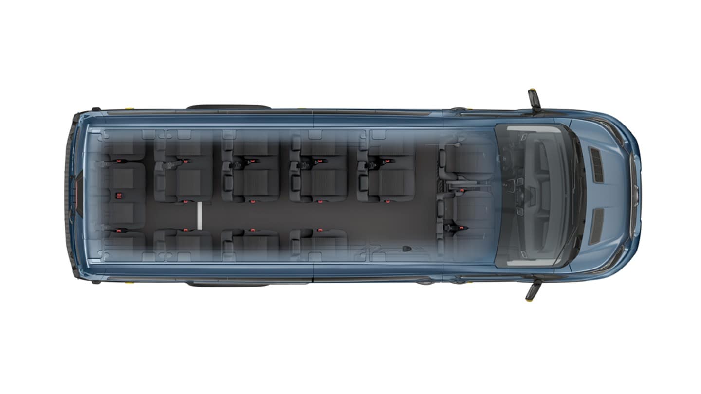 New Transit Minibus birds eye view showing seating space through transparent roof