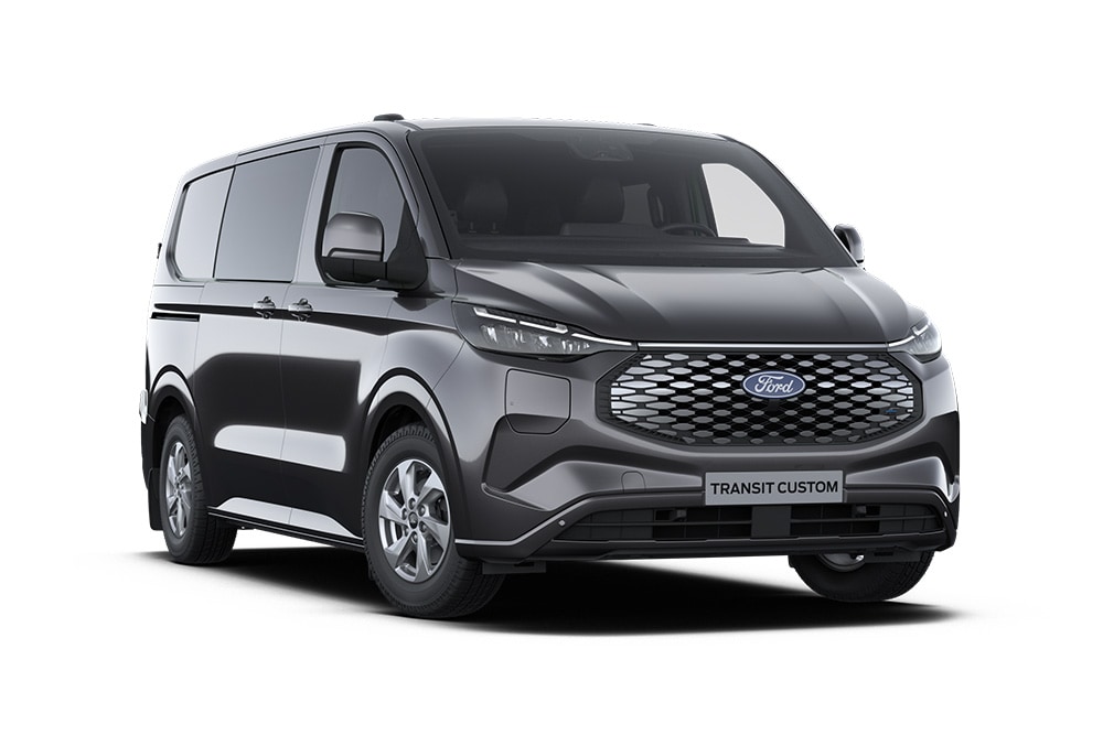 Mørkegrå Ford E-Transit Custom Limited-varebil, vist forfra.