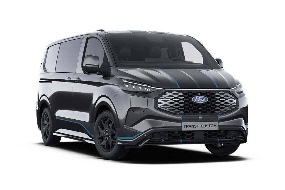 Mørkegrå Ford E-Transit Custom Sport-varebil, vist forfra.