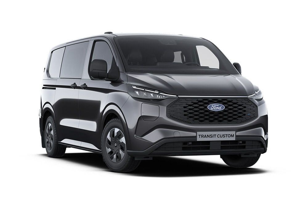 Mørkegrå Ford E-Transit Custom Trend-varebil, vist forfra.