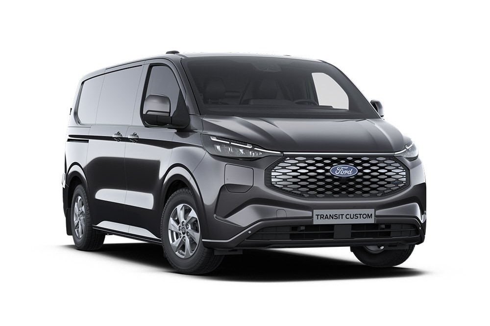 Mørkegrå Ford E-Transit Custom Limited-varebil, vist forfra.