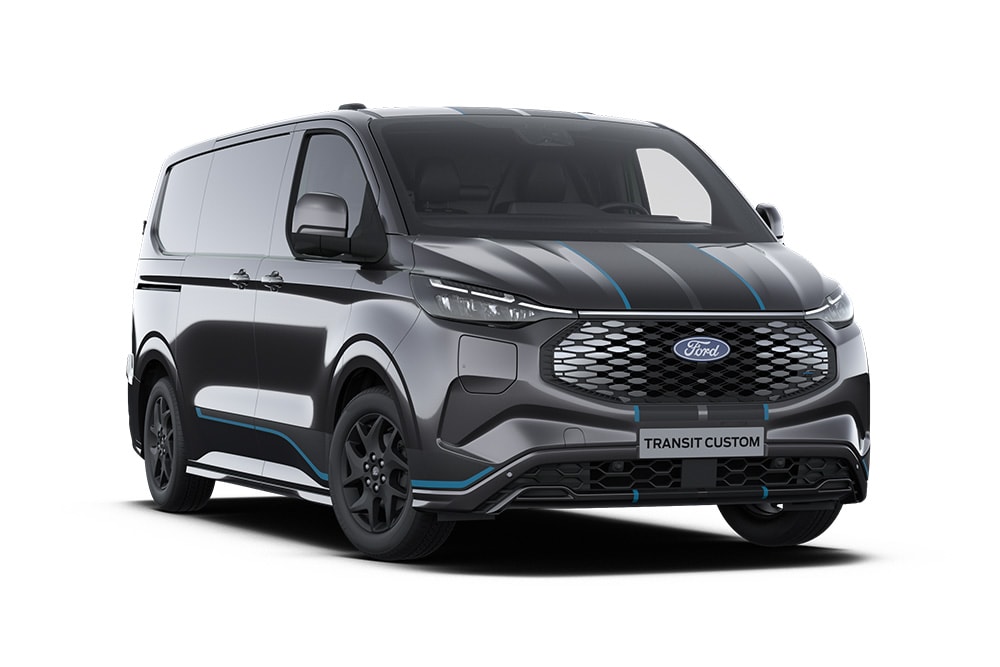 Mørkegrå Ford E-Transit Custom Sport-varebil, vist forfra.