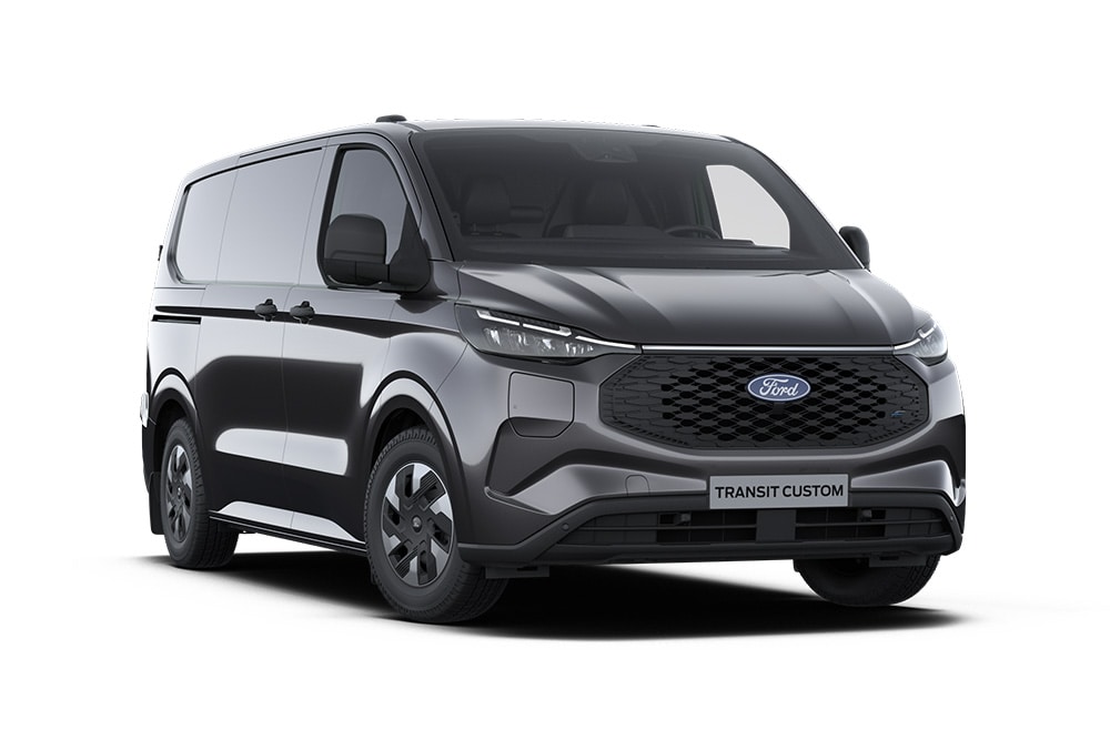 Mørkegrå Ford E-Transit Custom Trend-varebil, vist forfra.