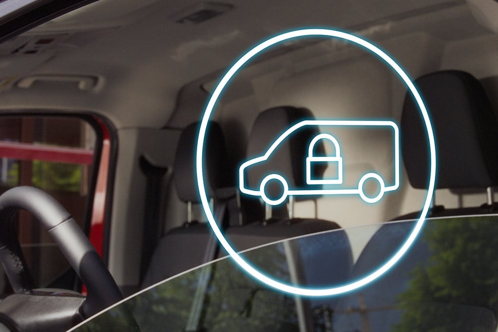 Ikon for låst varebil som vises på frontruten til en Ford E-Transit Custom.