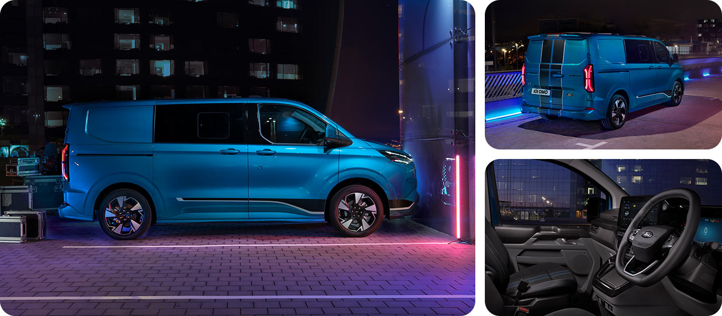 Blå elektrisk Ford E-Transit Custom Dobbelkabin-varebil, vist fra siden om natten.