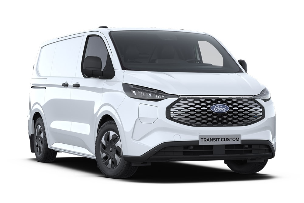Hvit elektrisk Ford E-Transit Custom-varebil, vist forfra.
