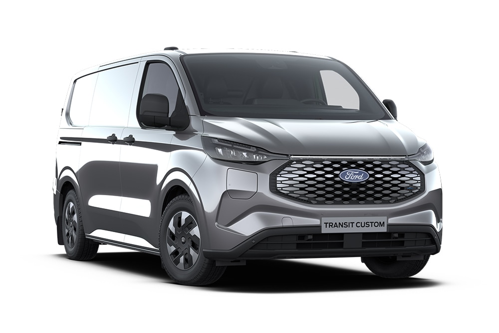 Mørkegrå Ford E-Transit Custom Trend-varebil, vist forfra.