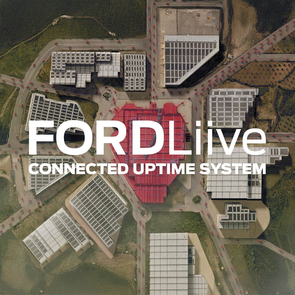 Flyfoto av et Ford-anlegg med FordLiive-logoen.