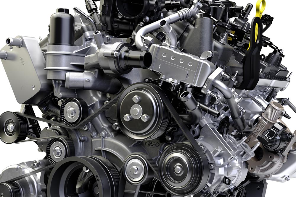  Nærbilde av Ford Ranger Raptor 3.0L V6 EcoBoost-motor.