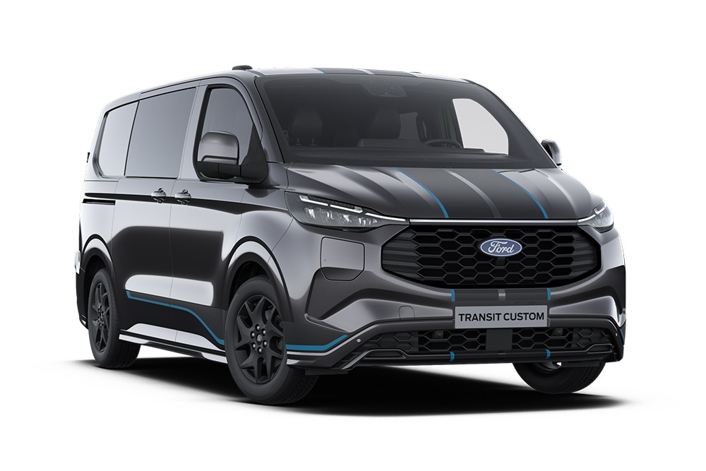 Mørkegrå Ford Transit Custom Sport dobbelkabin varebil med blå aksenter. Kun tilgjengelig som helelektrisk Limited i Norge.