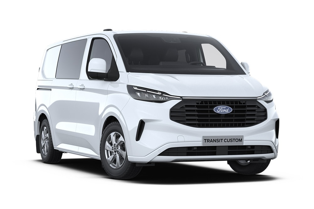 Hvit Ford Transit Custom Dobbelkabin-varebil.