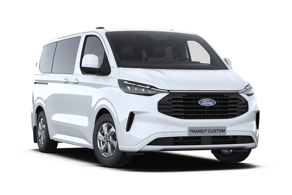 Hvit Ford Transit Custom Kombi.