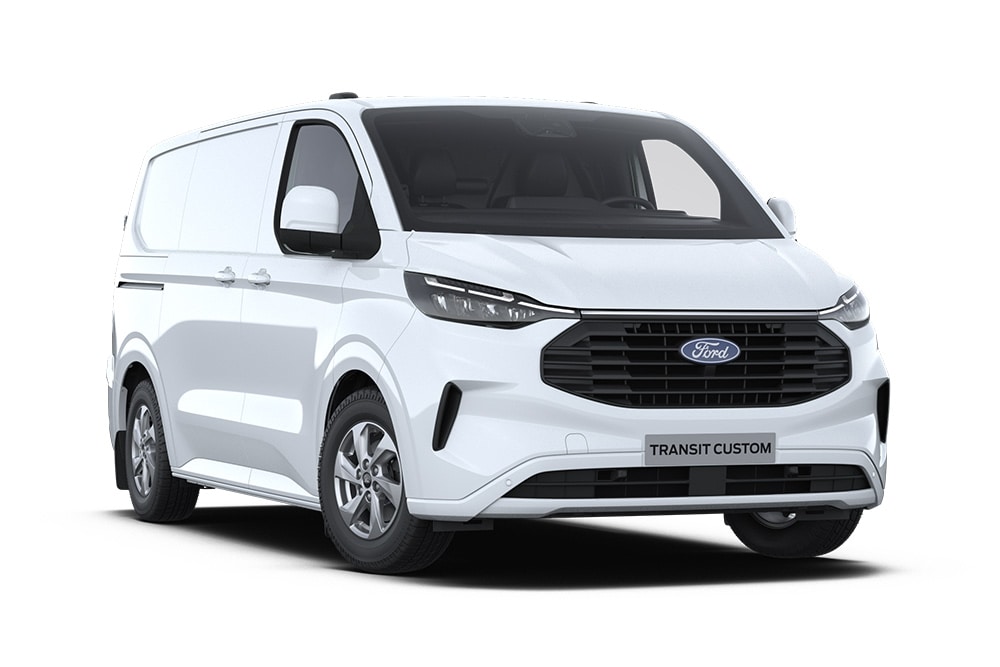 Hvit Ford Transit Custom-varebil.