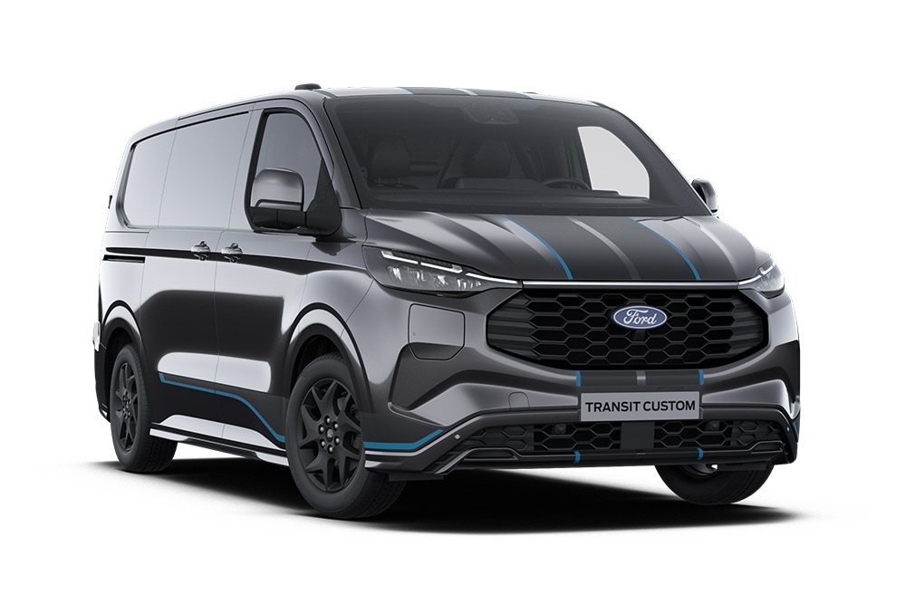 Mørkegrå Ford Transit Custom Sport dobbelkabin varebil med blå aksenter. Kun tilgjengelig som helelektrisk Limited i Norge.