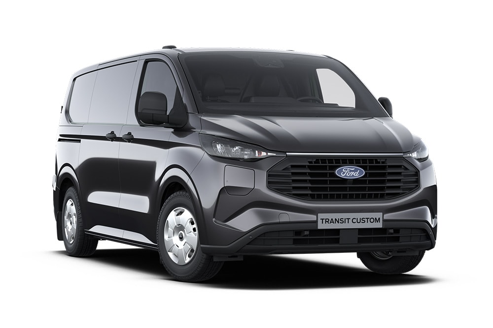 Mørkegrå Trend Ford Transit Custom-varebil, vist forfra.