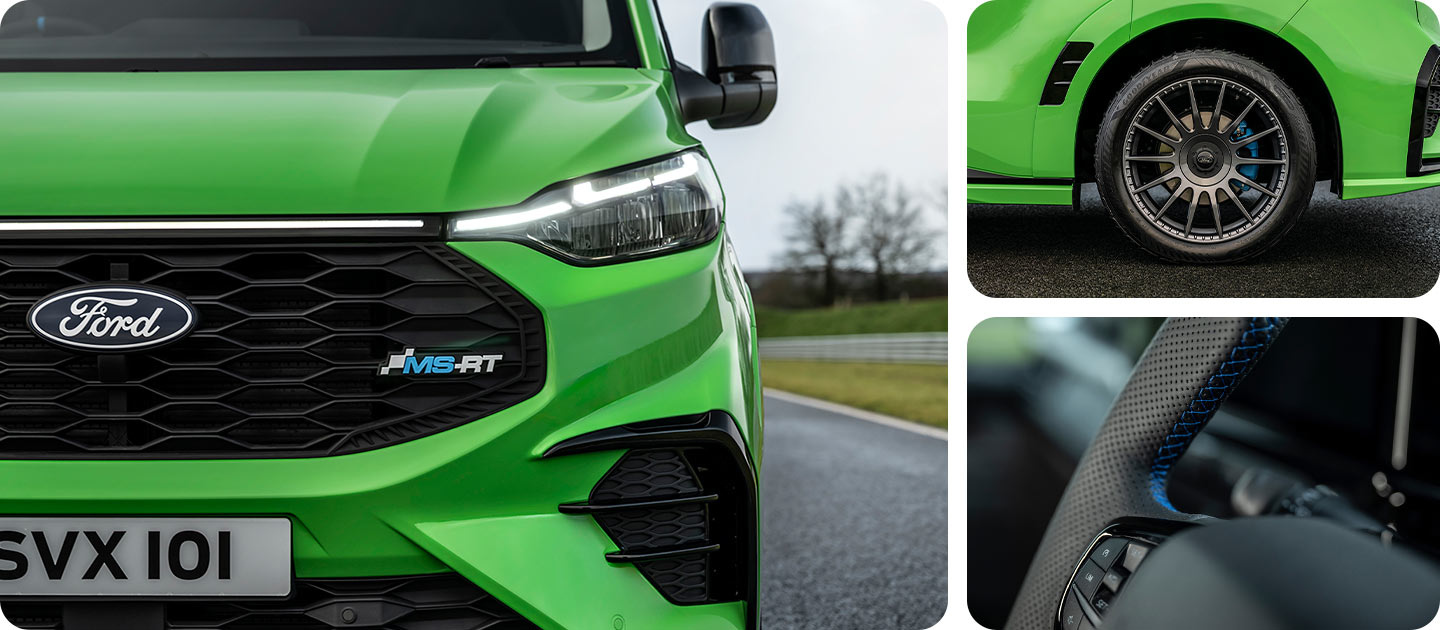 En grønn Ford Transit Custom MS-RT vist forfra.