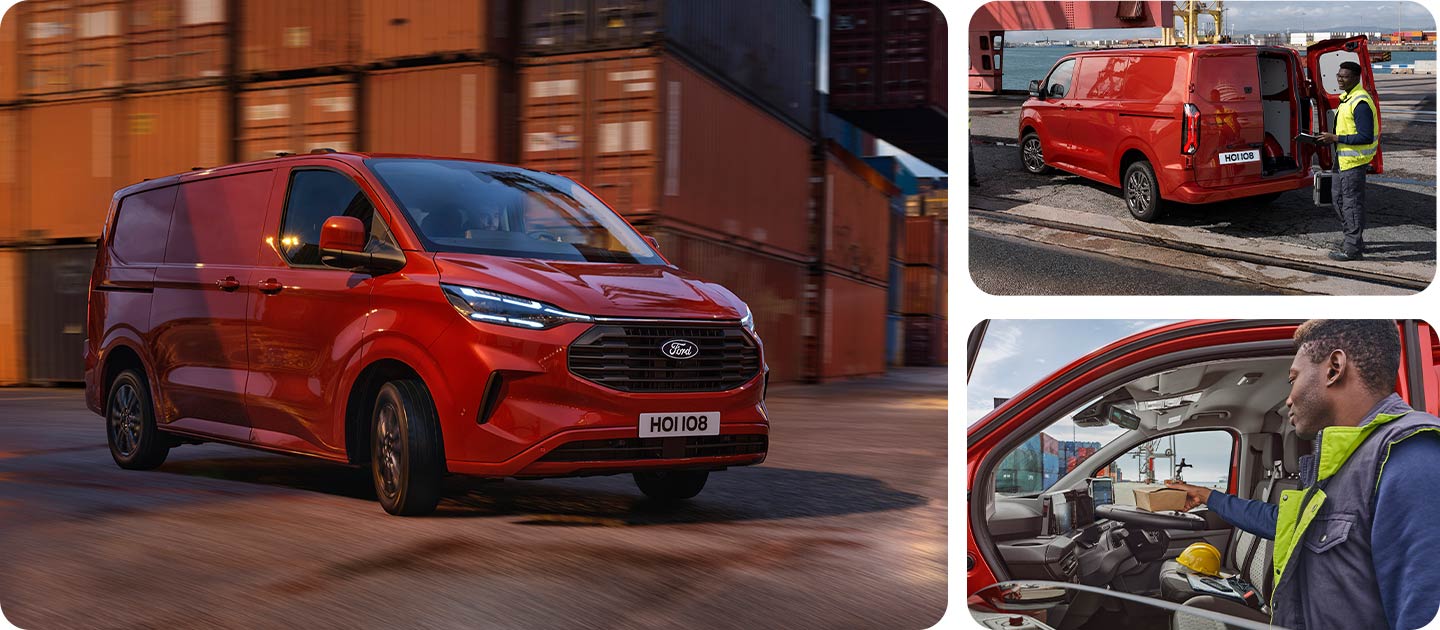 Rød Ford Transit Custom-varebil kjører gjennom et kaiområde.