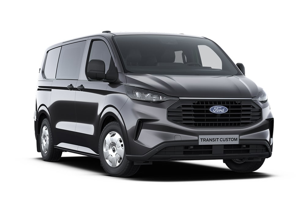Mørkegrå Trend Ford Transit Custom Double Cab-varebil. Kun tilgjengelig som helelektrisk Limited i Norge.