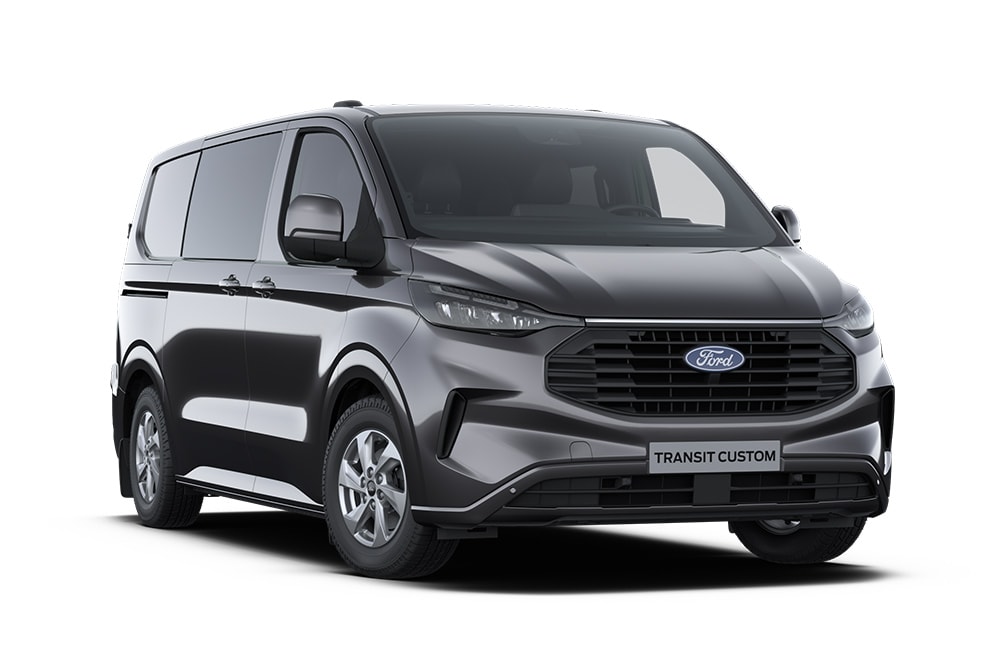 Mørkegrå Ford Transit Custom Limited dobbelkabin varebil. Kun tilgjengelig som helelektrisk Limited i Norge.