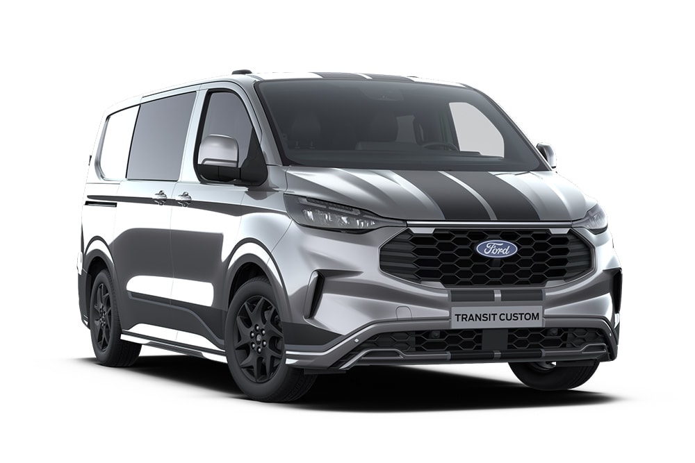 Mørkegrå Ford Transit Custom Sport dobbelkabin varebil med blå aksenter. Kun tilgjengelig som helelektrisk Limited i Norge.