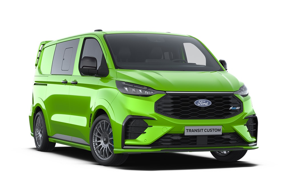 Grønn MS-RT Ford Transit Custom Double Cab-varebil. Kun tilgjengelig som helelektrisk Limited i Norge.