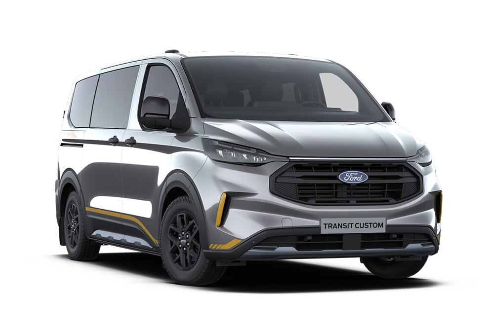 Mørkegrå Trail Ford Transit Custom-varebil med gullfargede detaljer.