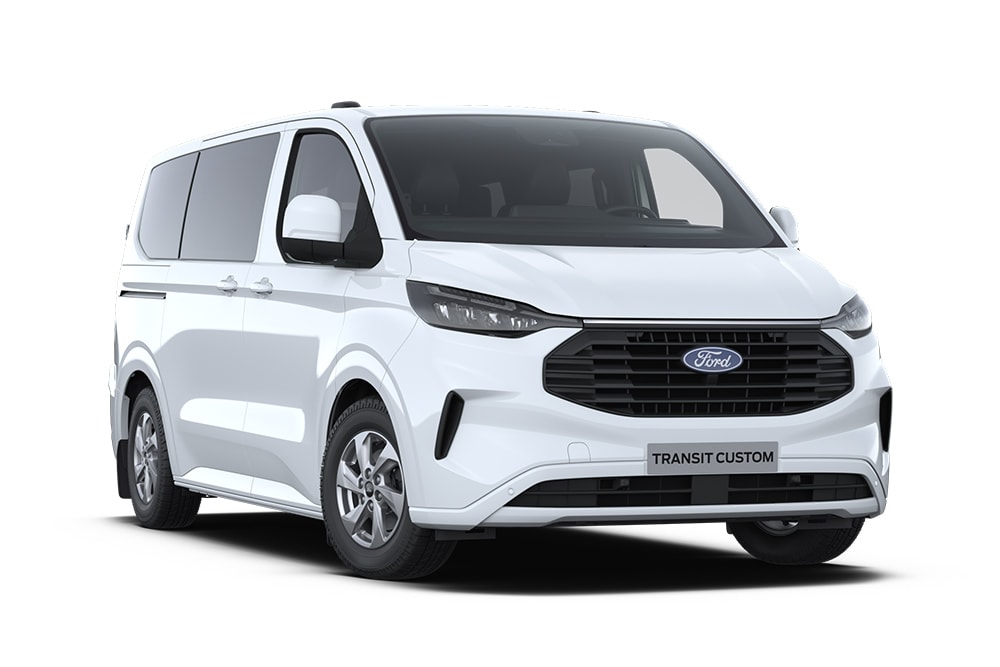 Hvit Ford Transit Custom Kombi.