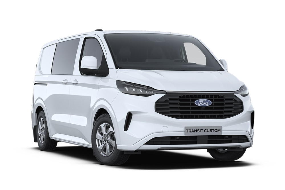 Hvit Ford Transit Custom Dobbelkabin-varebil.