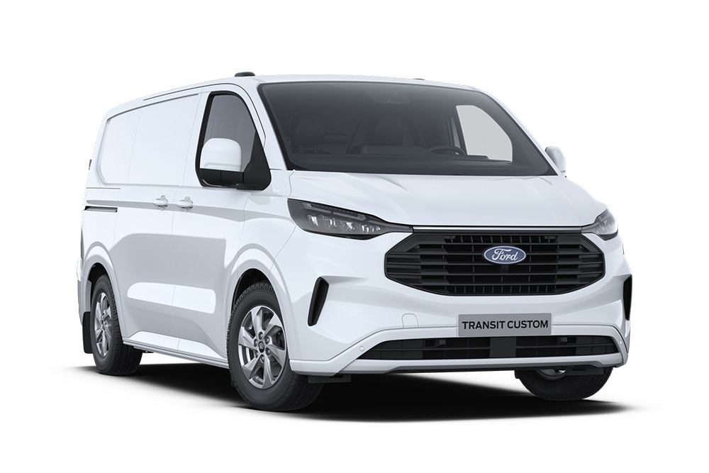 Hvit Ford Transit Custom-varebil.