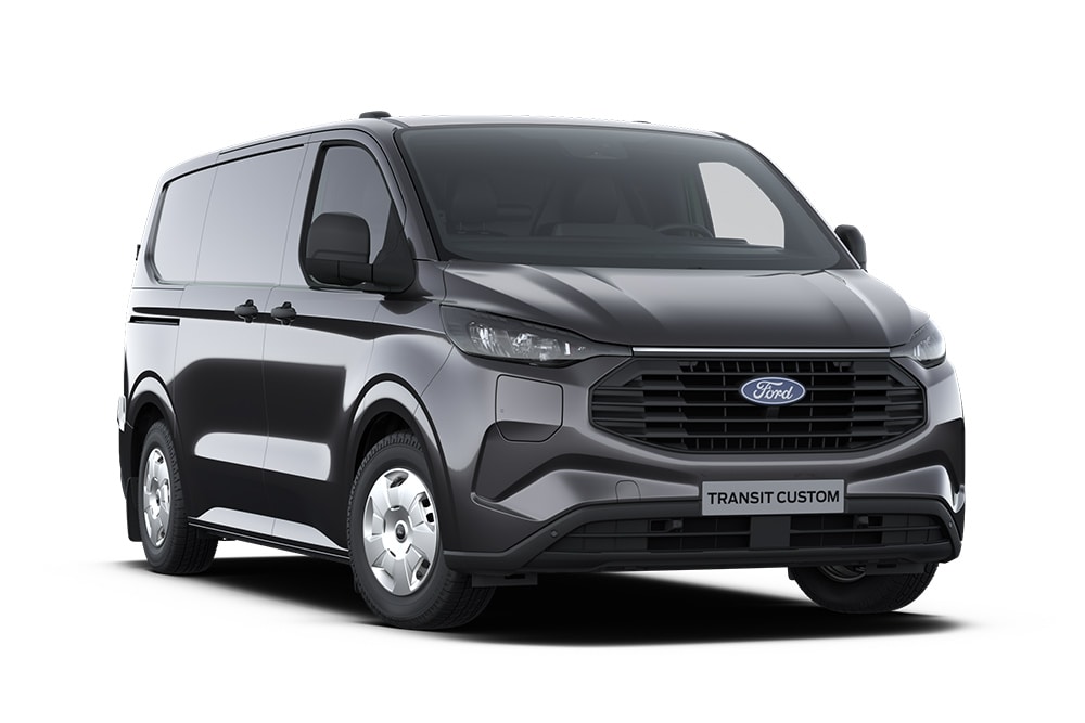Mørkegrå Trend Ford Transit Custom-varebil, vist forfra.